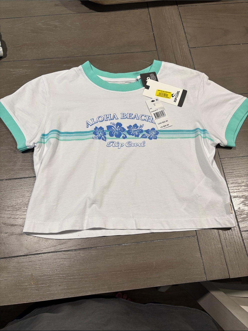Rip Curl White Tee with Aqua Trim and Blue Floral Graphic